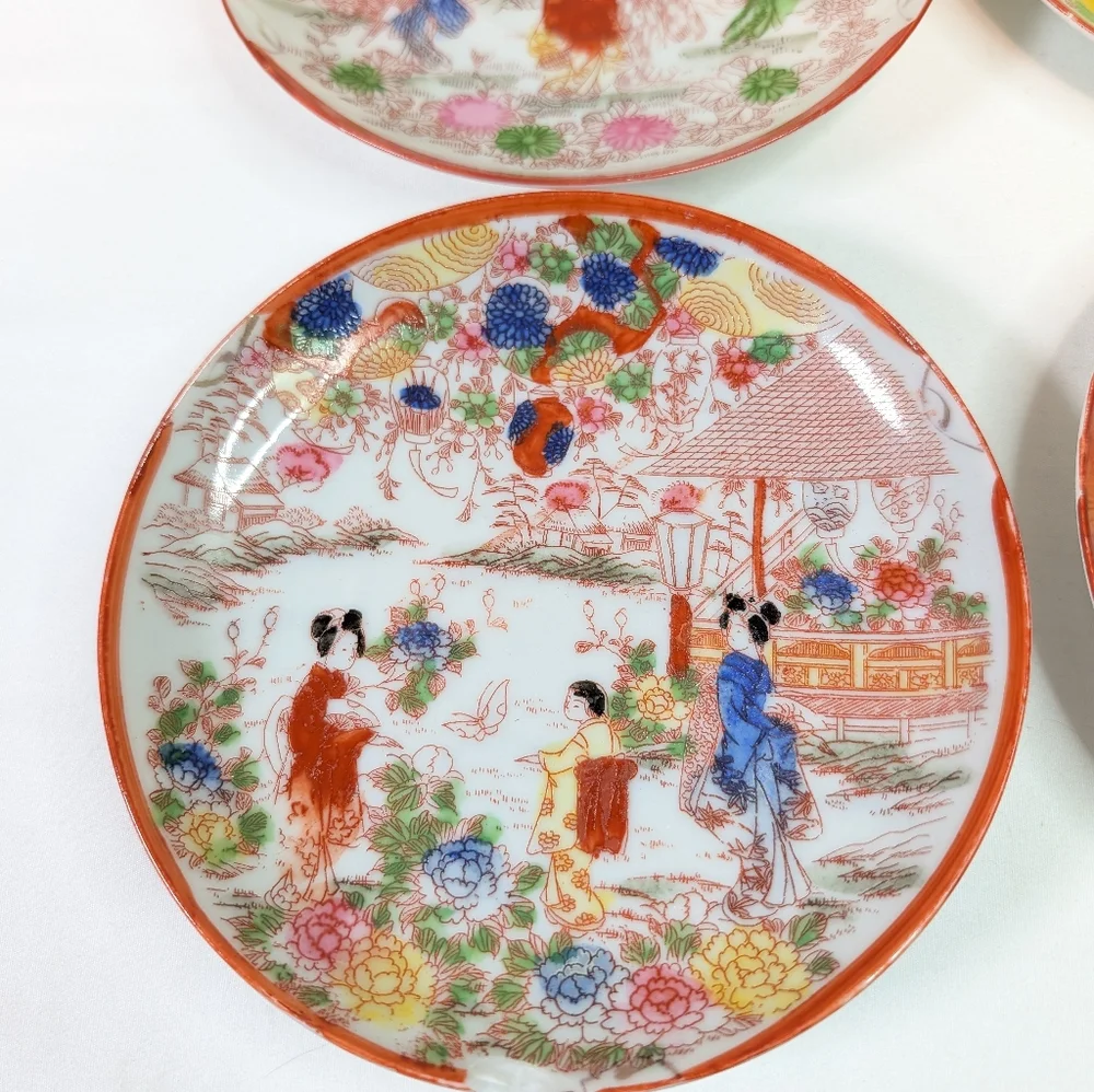 Vintage Japanese Kutani Porcelain Hand Painted Plates Set Of 7